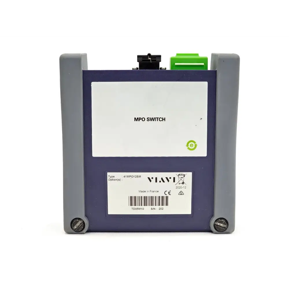 Viavi 41MPO12SM MPO Switch Module front face showing MPO SWITCH label, type 41MPO12SM, S/N 202 barcode