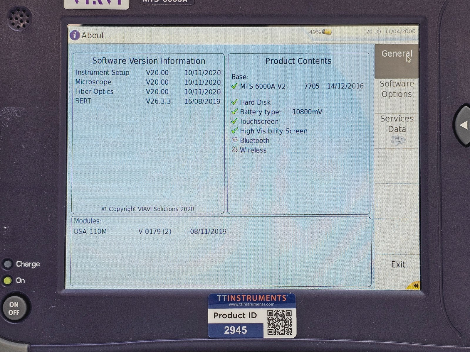 Viavi JDSU 6000A V2 + OSA-110M 1250 - 1650 nm OSA Optical Spectrum Analyzer