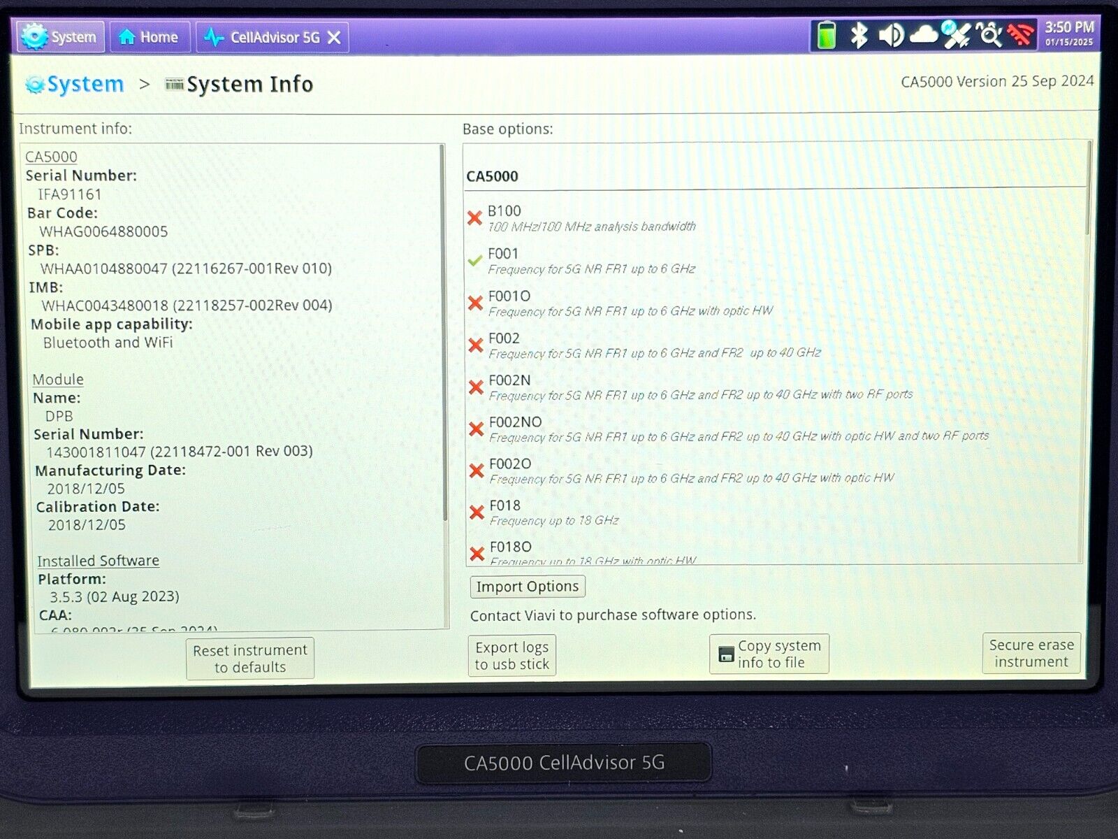 Viavi JDSU CA5000 CellAdvisor 5G Option F001 5G NR FR1 - 6 GHz