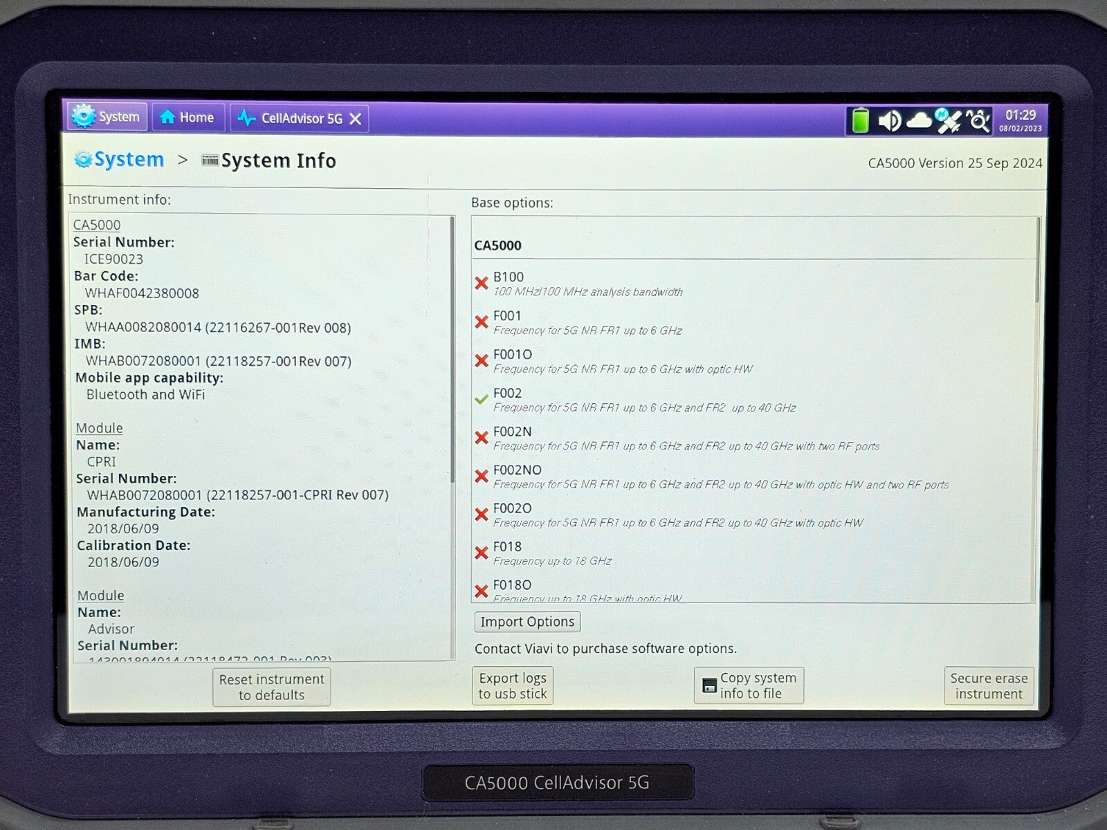 Viavi JDSU CA5000 CellAdvisor 5G Option F002 5G NR FR1 - 6 GHz & FR2 - 40 GHz