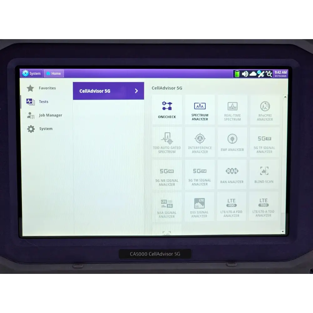 VIAVI CA5000 CellAdvisor 5G software menu showing active licences including 5G NR, Spectrum Analyzer, LTE and RAN Analyzer