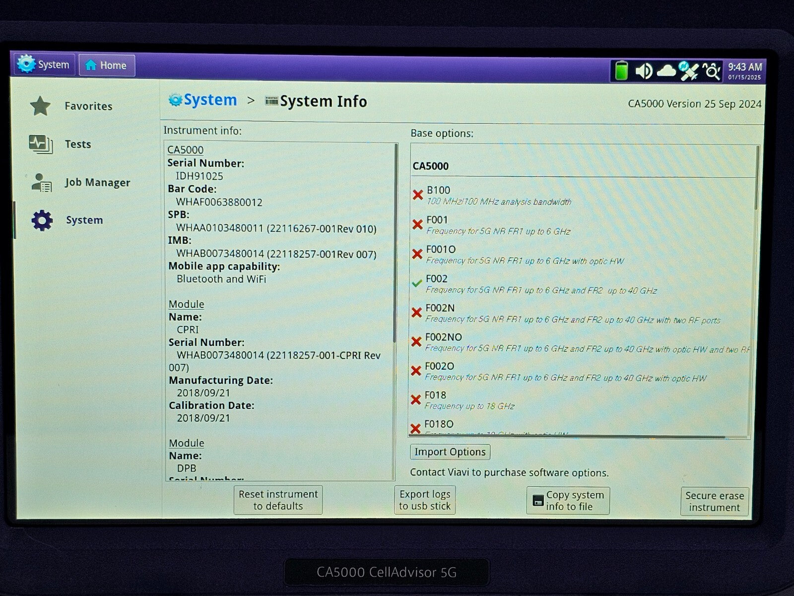 Viavi JDSU CA5000 CellAdvisor 5G Option F002 5G NR FR1 - 6 GHz & FR2 - 40 GHz