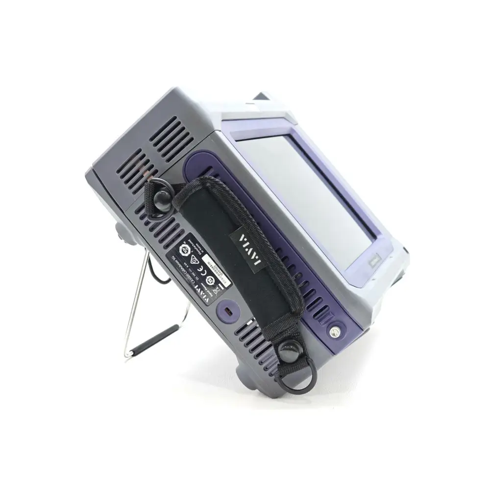 VIAVI CA5000 CellAdvisor 5G bottom-side view showing regulatory labels, carry strap and kickstand deployed