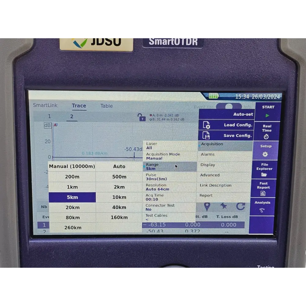 Viavi E126A SmartOTDR display close-up showing 1310/1550 nm wavelength selection