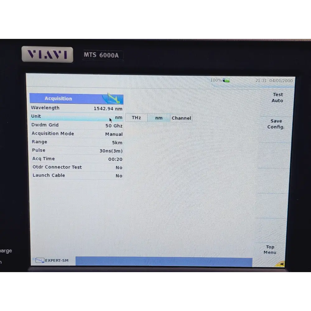 Viavi MTS 6000A V2 E81WDM-C OTDR acquisition menu showing unit selection options: THz, nm and Channel with EXPERT-SM module active