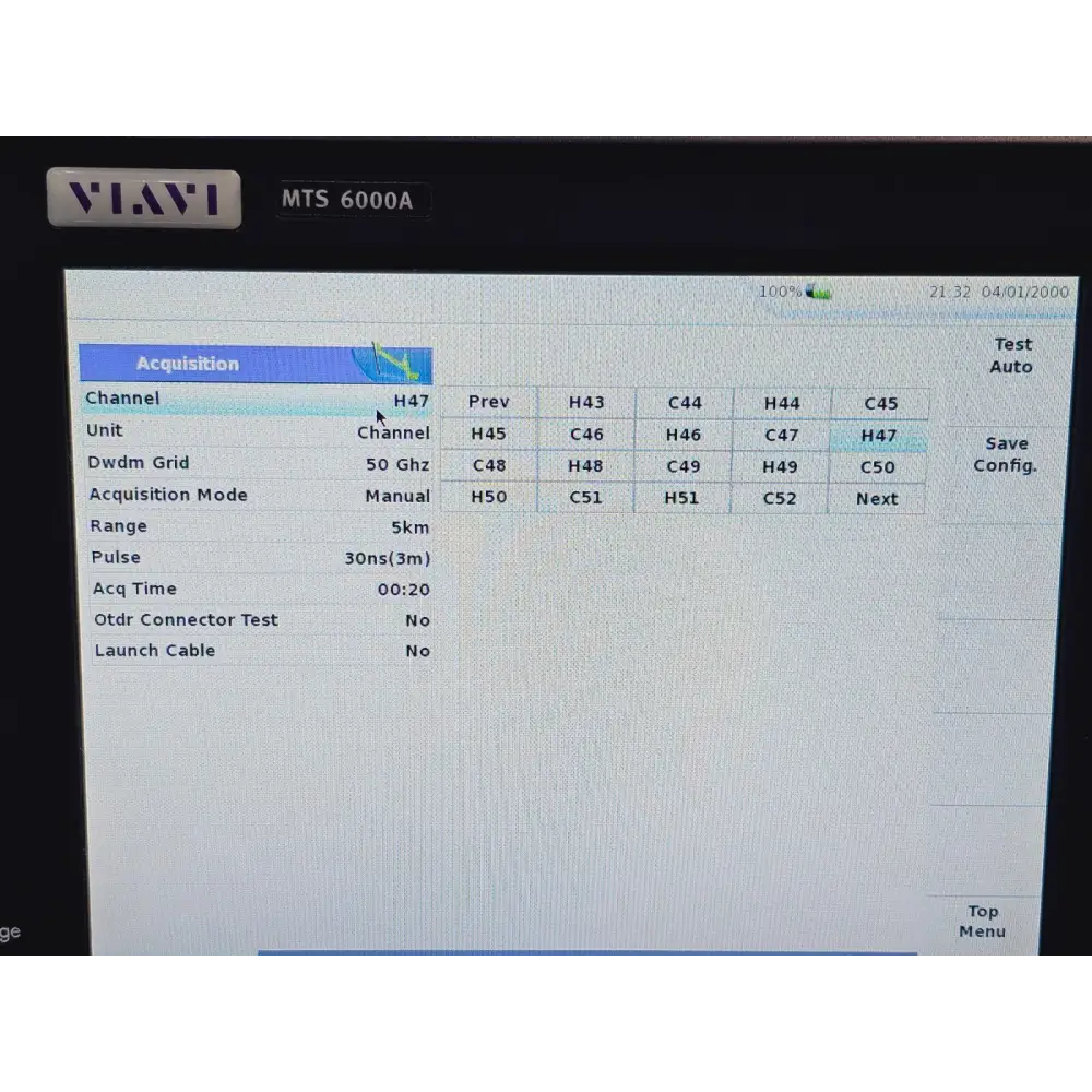 Viavi MTS 6000A V2 OTDR channel selection screen showing ITU-T 50 GHz DWDM channels H43–H51 and C44–C52 at 5 km range