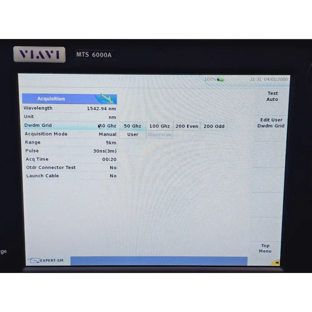 Viavi MTS 6000A V2 OTDR screen showing DWDM grid options: 50 GHz, 100 GHz, 200 GHz Even, 200 GHz Odd, User and Wavescan
