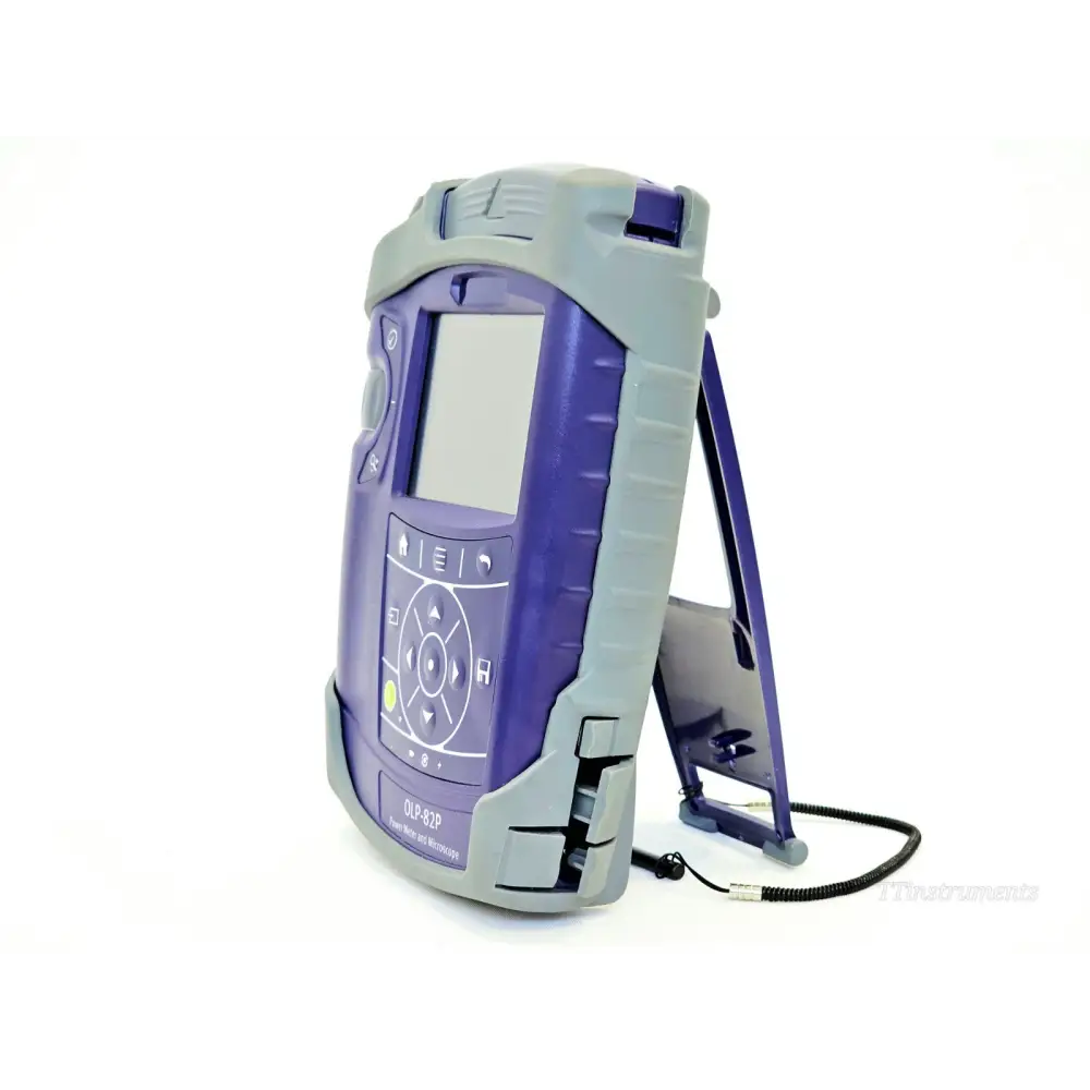 VIAVI JDSU OLP-82P three-quarter rear view showing rugged grey rubber housing and deployed kickstand