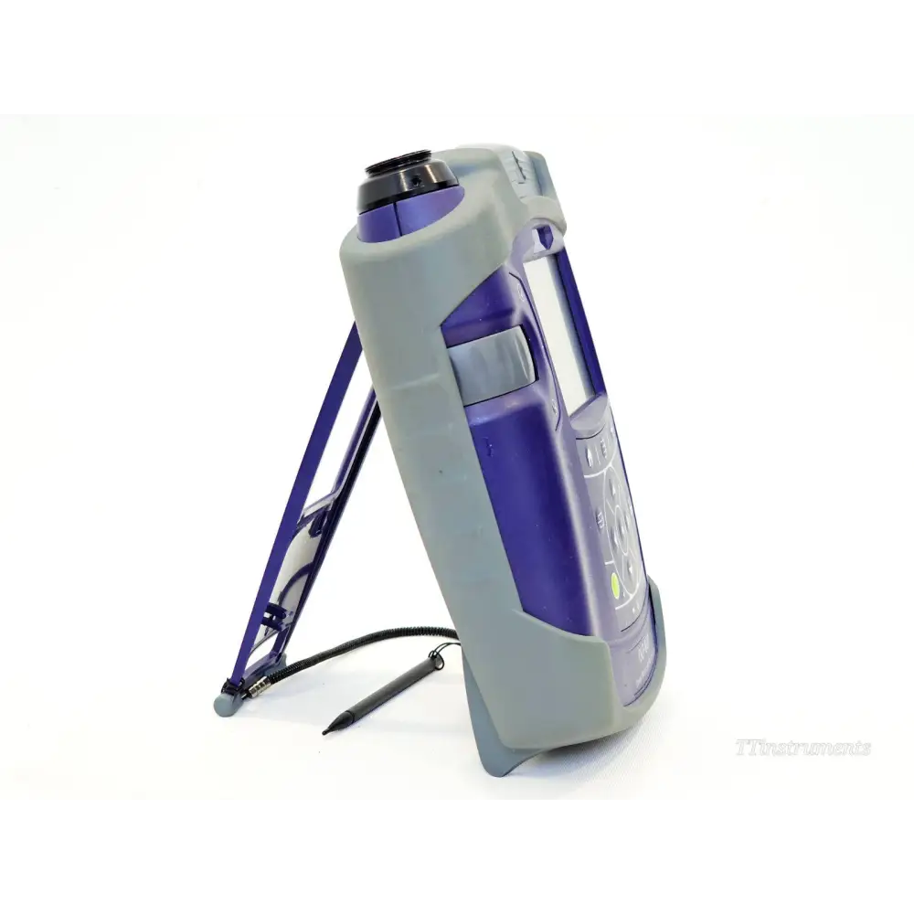 VIAVI JDSU OLP-82P side view showing microscope port at top, rubber bumper casing and kickstand deployed