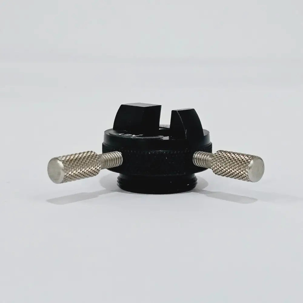 Viavi FMA-SC-APC adapter front elevation showing black anodised body, SC/APC connector slot and two extended knurled thumb screws