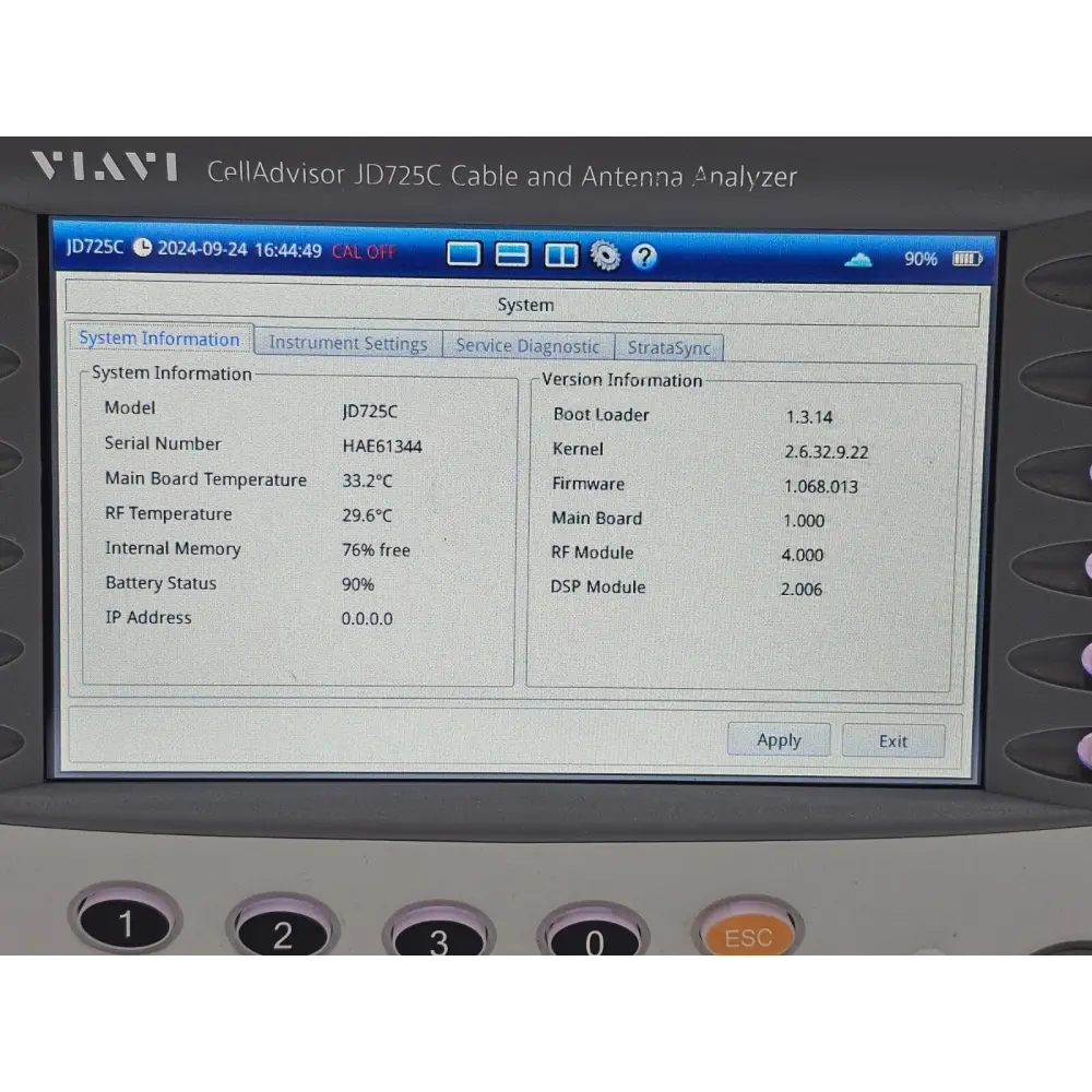 Viavi JD725C CellAdvisor unit label showing model number, serial number, and firmware details