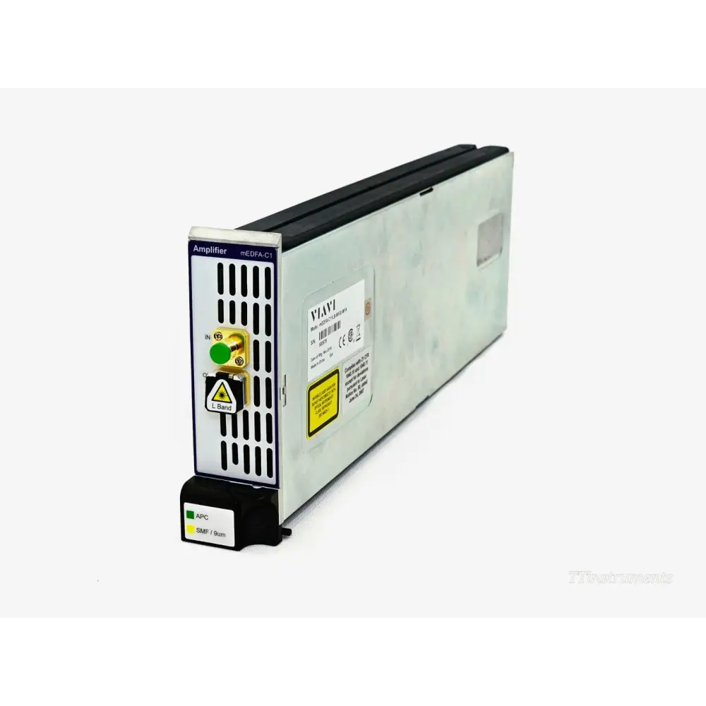 Viavi mEDFA-C11LB-M100-MFA front panel close-up showing Amplifier mEDFA-C1 label, FC/APC IN port, L Band laser warning, APC and SMF/9um LEDs