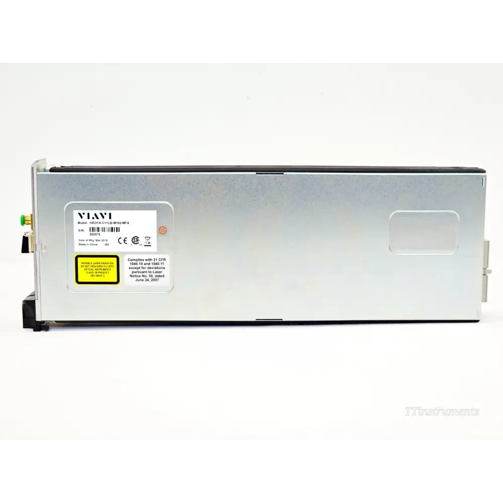 Viavi mEDFA-C11LB-M100-MFA side label showing model number, S/N 500575, date of manufacture March 2019, CE and CSA marks, laser safety warning