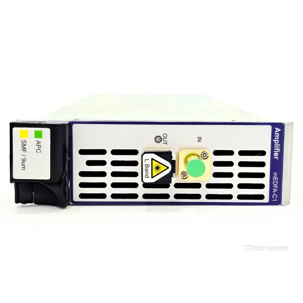 Viavi mEDFA-C11LB-M100-MFA front faceplate angled view showing Amplifier mEDFA-C1 label, OUT port, L Band laser symbol, APC SMF/9um status LEDs