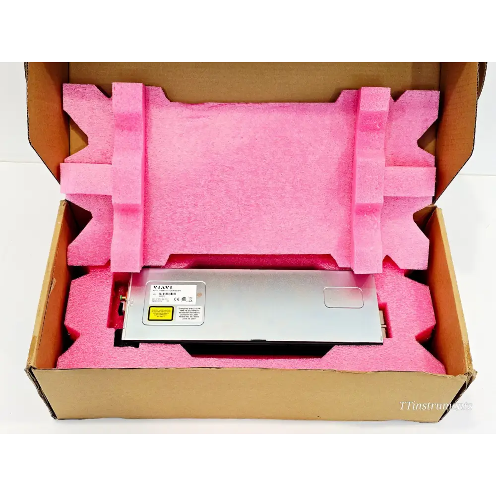 Viavi mEDFA-C11LB-M100-MFA L-band EDFA amplifier module in open cardboard box with pink anti-static foam packaging