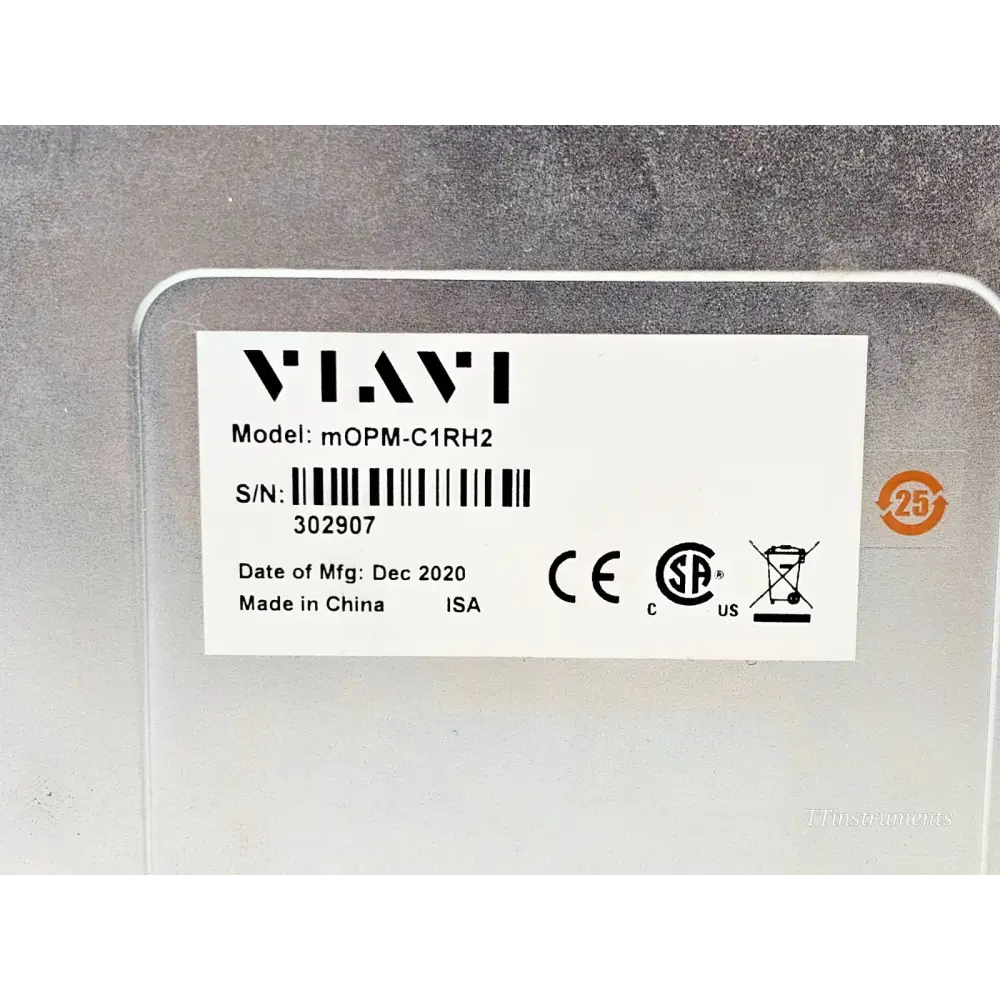 Viavi mOPM-C1RH2 serial number label showing model mOPM-C1RH2, S/N 302907, manufactured December 2020, CE and CSA marks