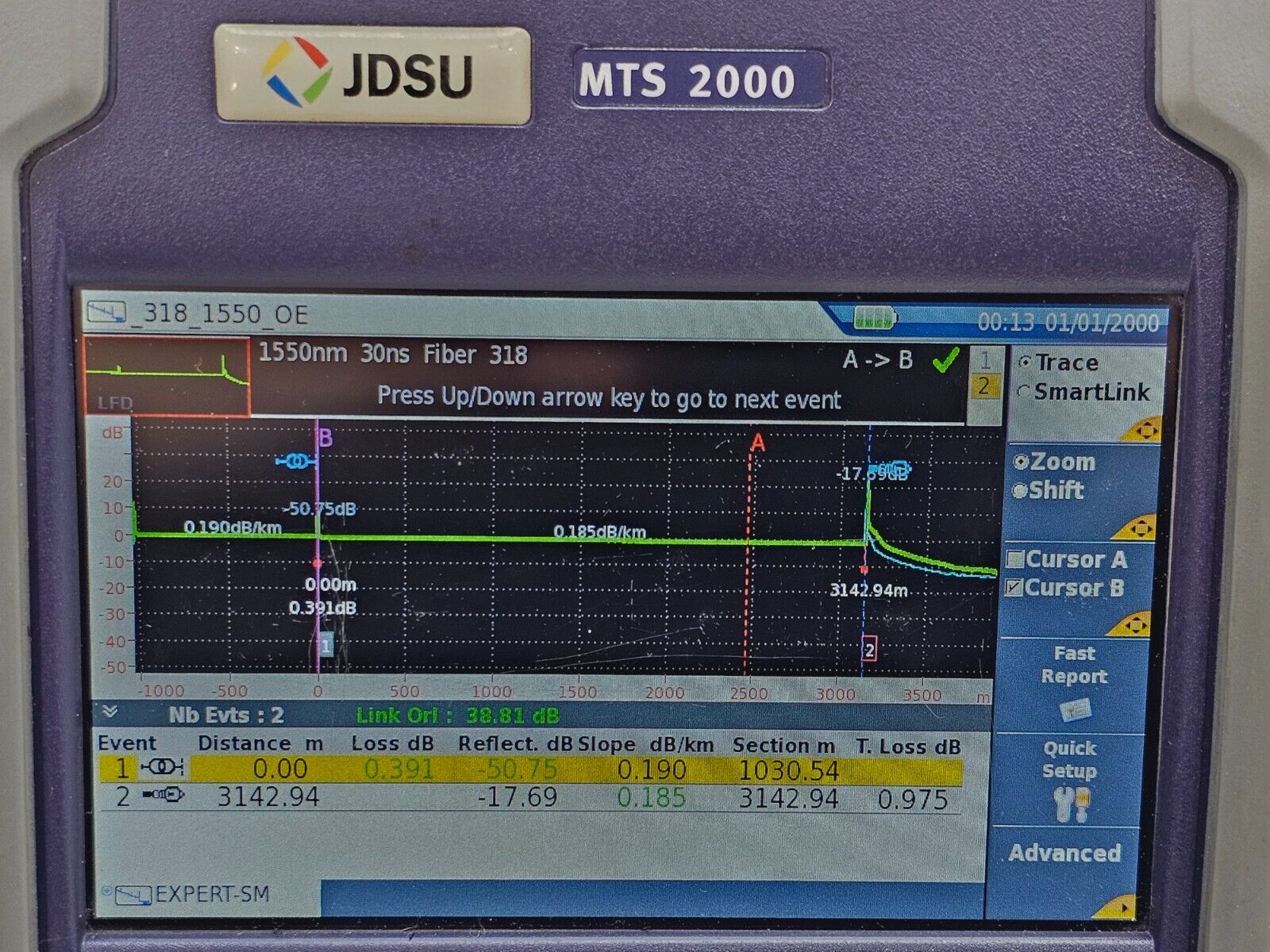 Viavi JDSU MTS 2000 Mainframe w/ 4126 MA SM OTDR 1310/1550 nm 37/35 dB PC-FC