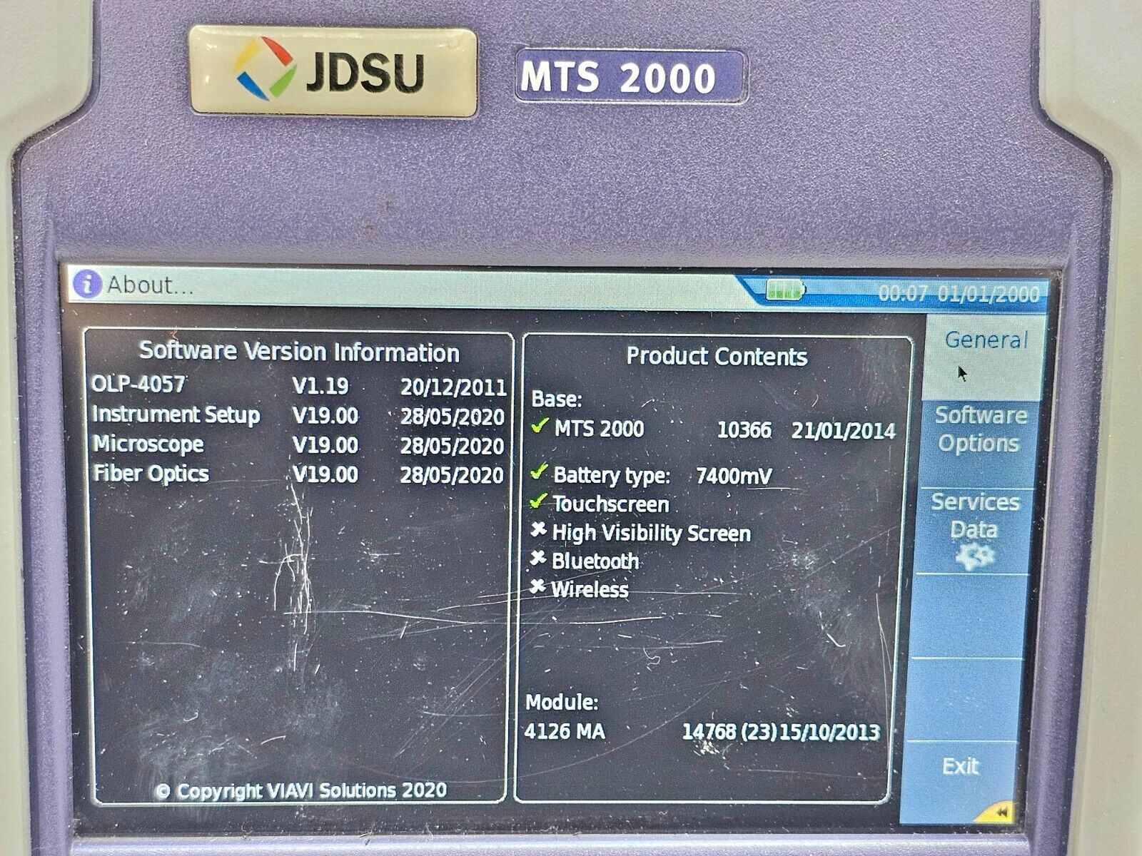 Viavi JDSU MTS 2000 Mainframe w/ 4126 MA SM OTDR 1310/1550 nm 37/35 dB PC-FC
