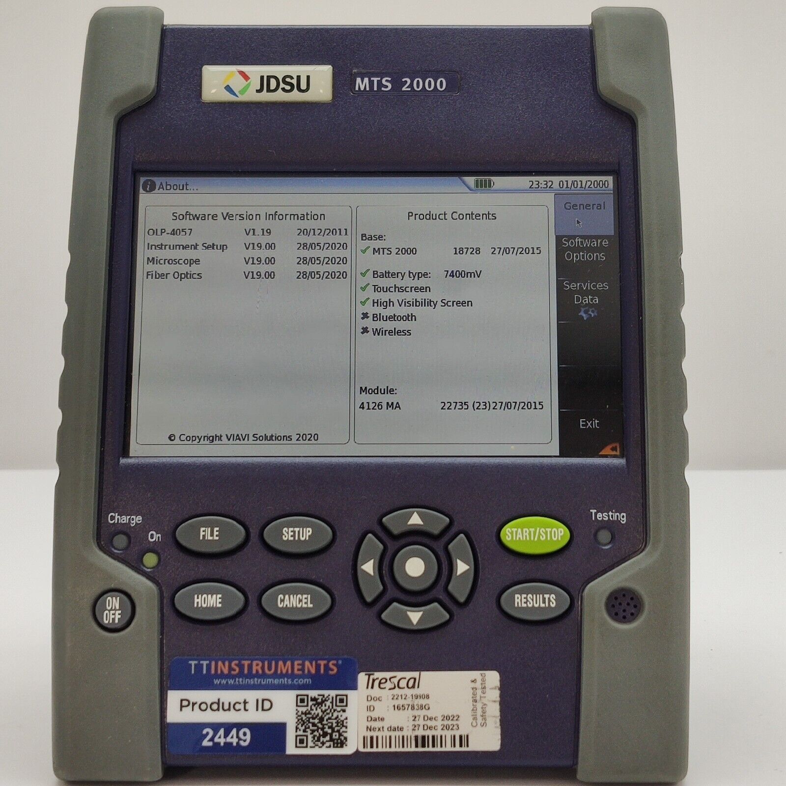 Viavi JDSU MTS 2000 Mainframe w/ 4126 MA SM OTDR 1310/1550 nm 37/35 dB APC