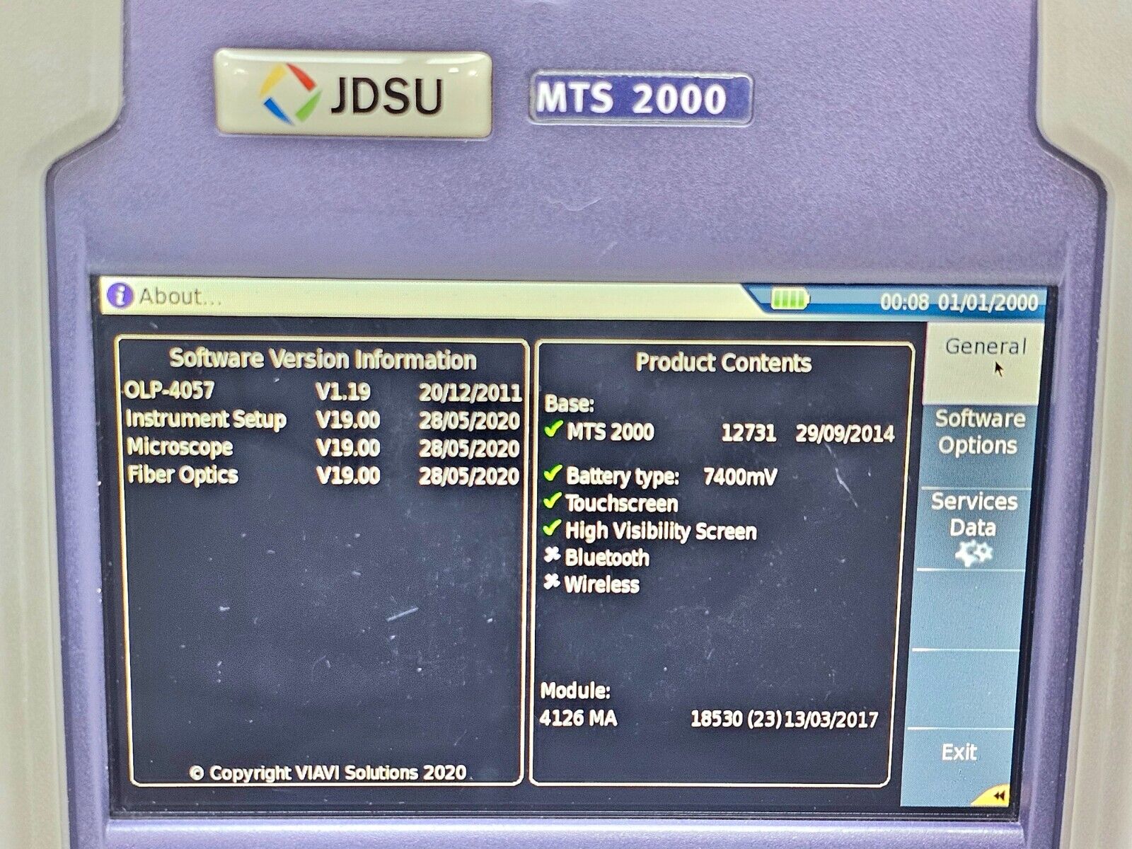 Viavi JDSU MTS 2000 Mainframe w/ 4126 MA SM OTDR 1310/1550 nm 37/35 dB APC