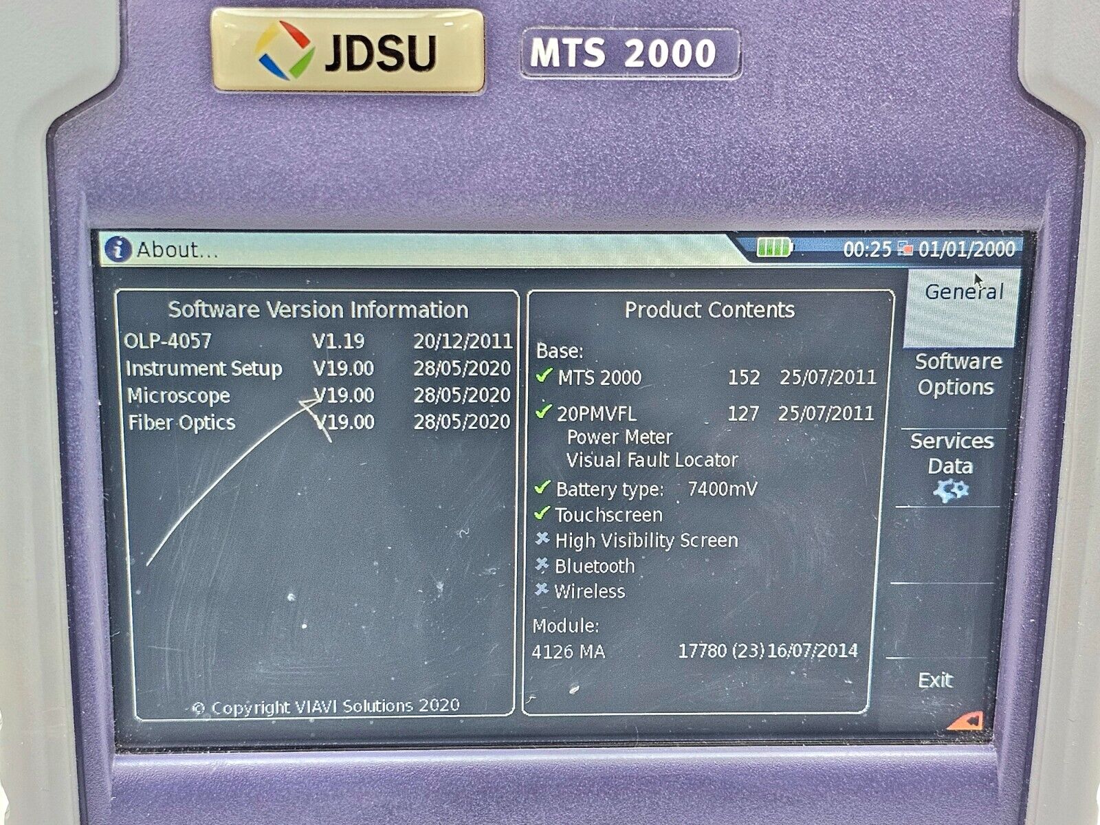 Viavi JDSU MTS 2000 Mainframe with Power Meter VFL + 4126 MA SM OTDR 1310/1550nm