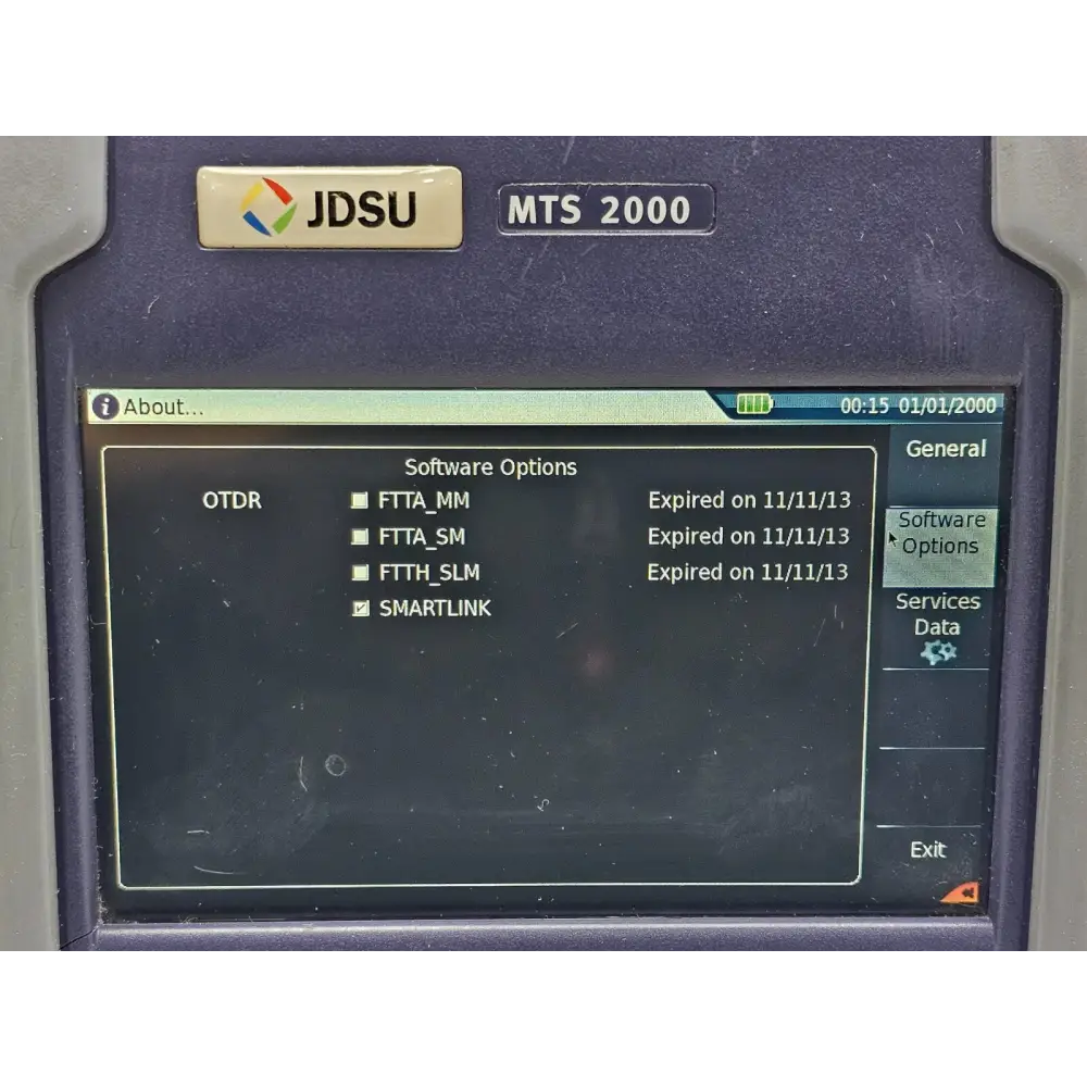Software options screen showing FCOMP and SMART TEST licences on MTS 2000