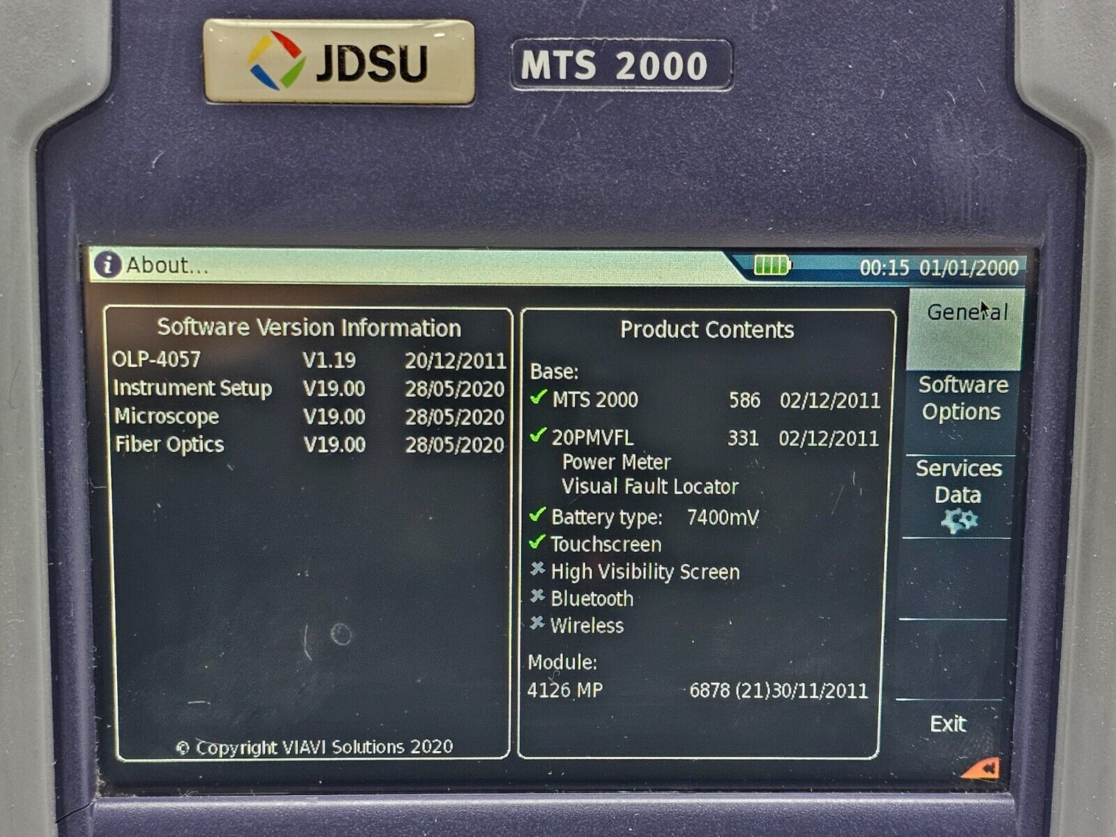 Viavi JDSU MTS 2000 PM/VFL with 4126 MP Metro PON 1310/1550 nm OTDR + FCOMP SW