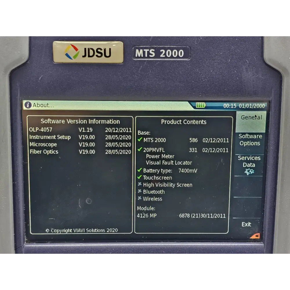 MTS 2000 touchscreen showing OTDR trace acquisition screen