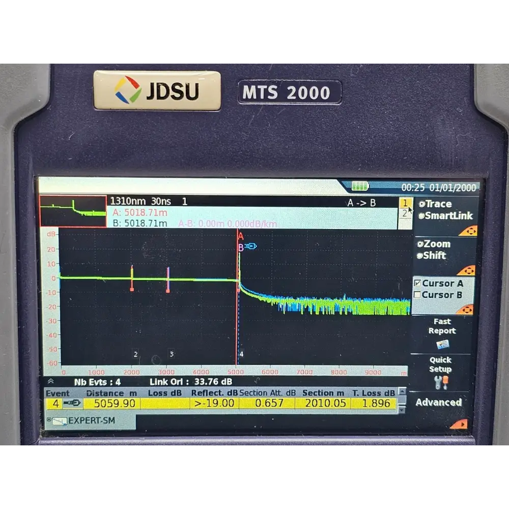Close-up of visual fault locator VFL port on Viavi MTS 2000 mainframe