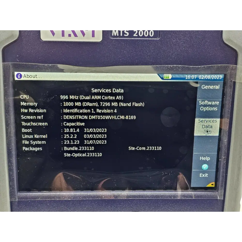 Viavi MTS 2000 V2 OTDR unit showing stylus slot and touchscreen interface