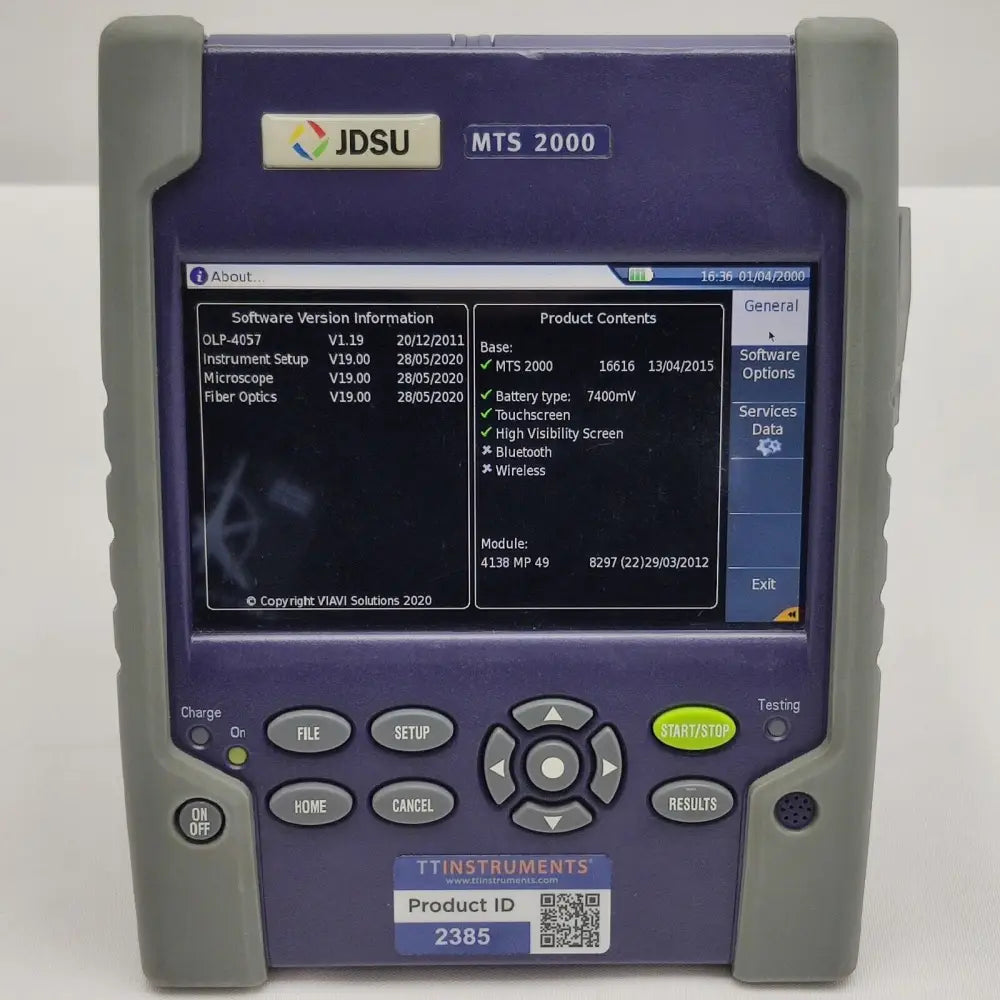 Viavi MTS 2000 OTDR rear panel and labelling detail