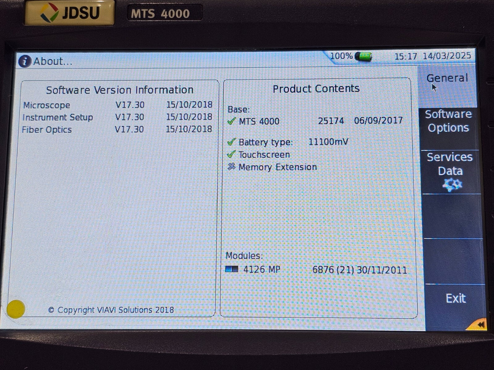Viavi JDSU MTS 4000 with 4126 MP Metro PON 1310/1550 nm OTDR + FCOMP SW