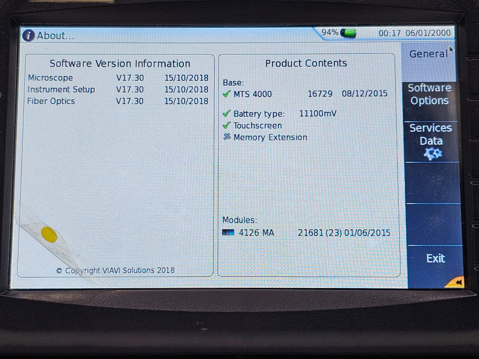 Viavi JDSU MTS 4000 Mainframe with 4126 MA SM OTDR 1310/1550 nm 37/35 dB APC