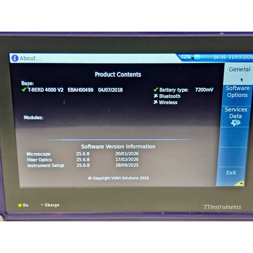 Viavi MTS 4000 V2 unit label showing model and serial number detail