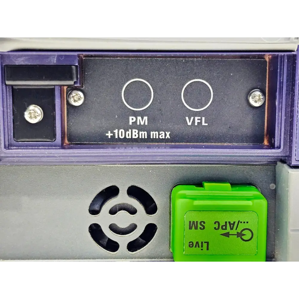 Viavi 4126 MA2 OTDR module close-up showing PM and VFL optical ports with +10dBm max labelling