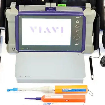 VIAVI MTS 4000 V2 OTDR full kit laid out with P5000i microscope, FI-60 fibre identifier, cleaning tools and carry case