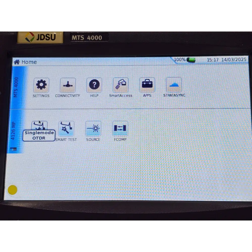 Software options screen on Viavi MTS 4000 showing FCOMP and SMART TEST licences