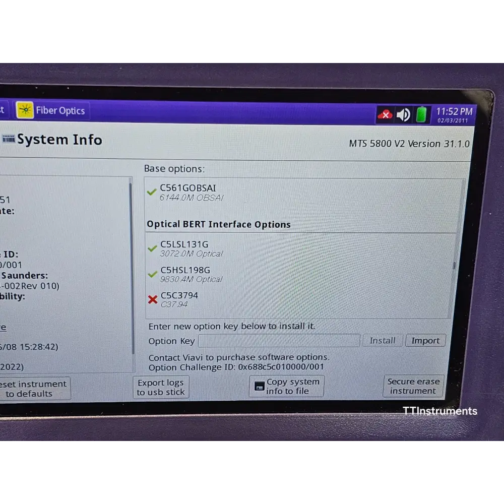 MTS 5800 v2 screen showing Ethernet RFC 2544 test interface