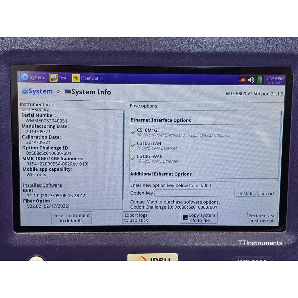 Viavi MTS 5800 v2 SDH SONET PDH option licence screen