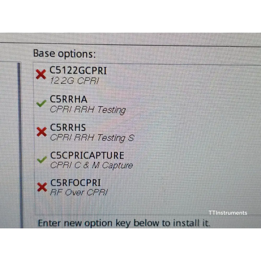 Viavi MTS 5800 v2 software licence screen showing active options list