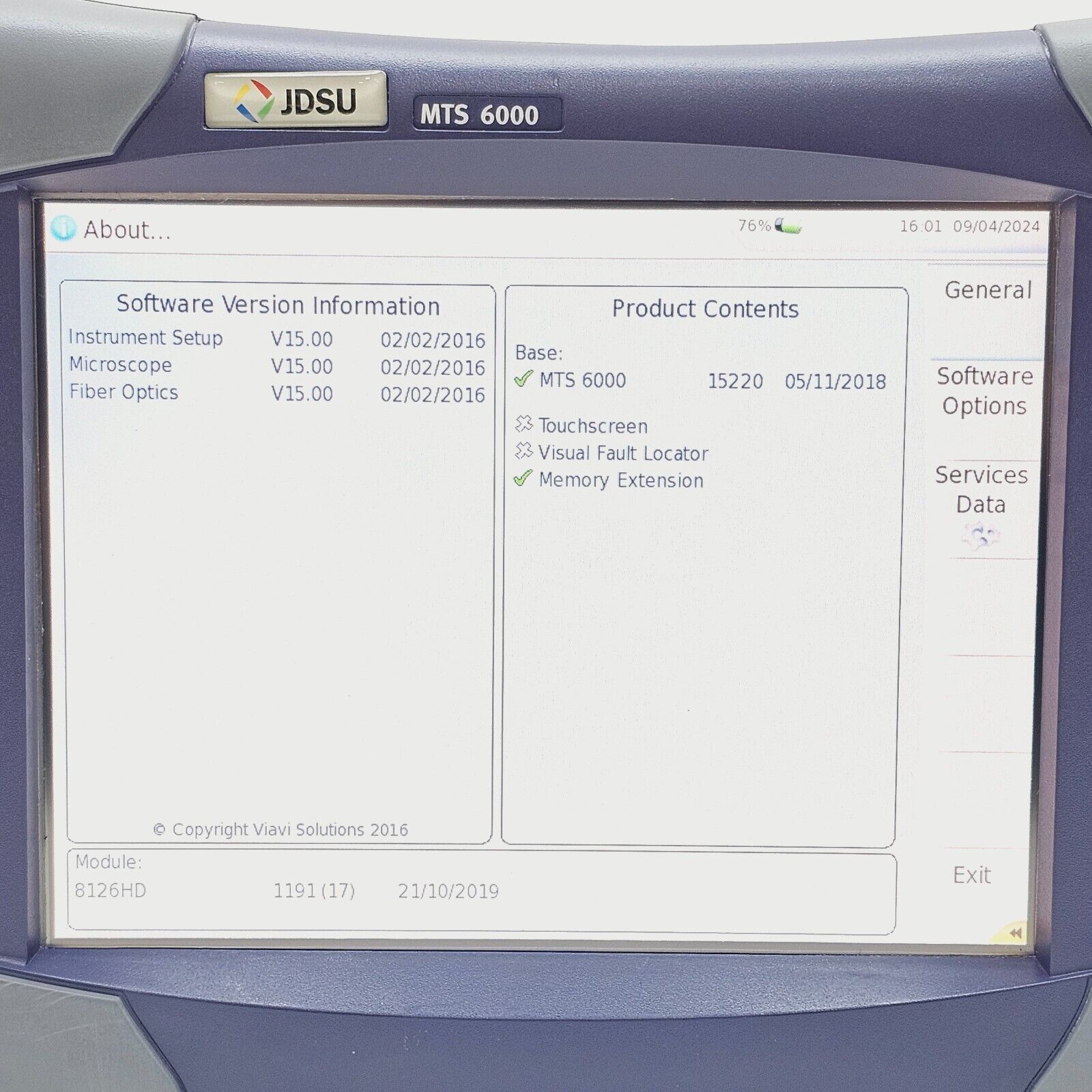 Viavi JDSU MTS 6000 w/ 8126 HD OTDR 1310/1550 nm SM 42/40 dB FC/PC E8126HD 380KM