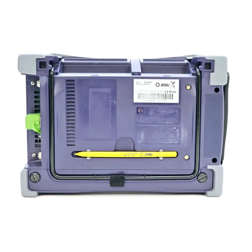 Viavi JDSU MTS 6000A rear panel showing model label, option SM-PM, battery compartment, stylus slot and green APC port