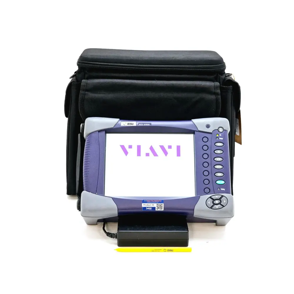 Viavi JDSU MTS 6000A OTDR front view showing VIAVI boot screen, with AC adapter, stylus, and carry bag
