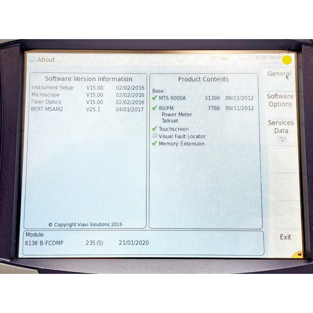 Viavi MTS 6000A SMART TEST software option shown on screen