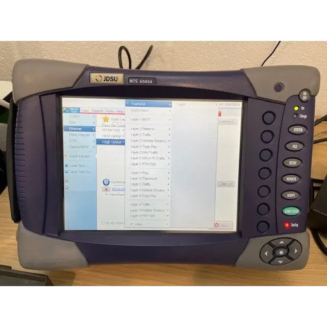Viavi JDSU MTS 6000A front panel showing TrueSAM 1GigE Ethernet test menu with Layer 1–4 options