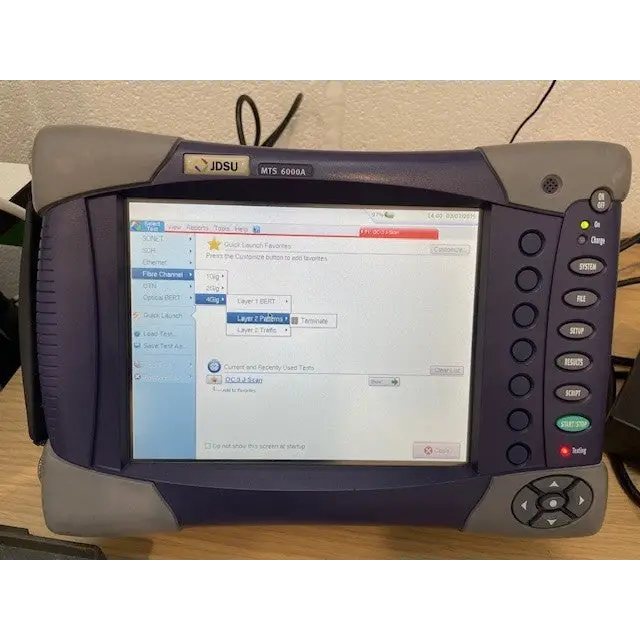 Viavi JDSU MTS 6000A front panel displaying Fibre Channel test menu with 1G, 2G, 4G and Layer 2 options