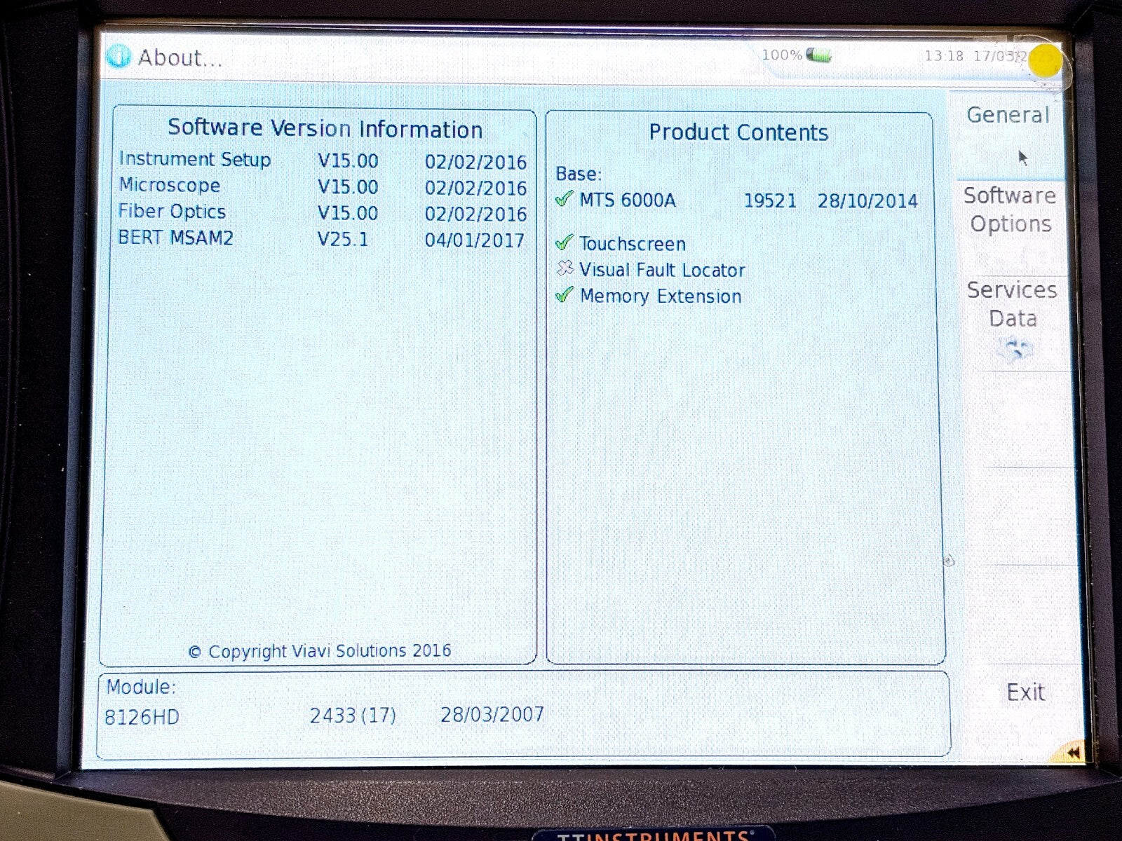 Viavi JDSU MTS 6000A Platform with 8126 HD OTDR Module 1310/1550 nm Singlemode