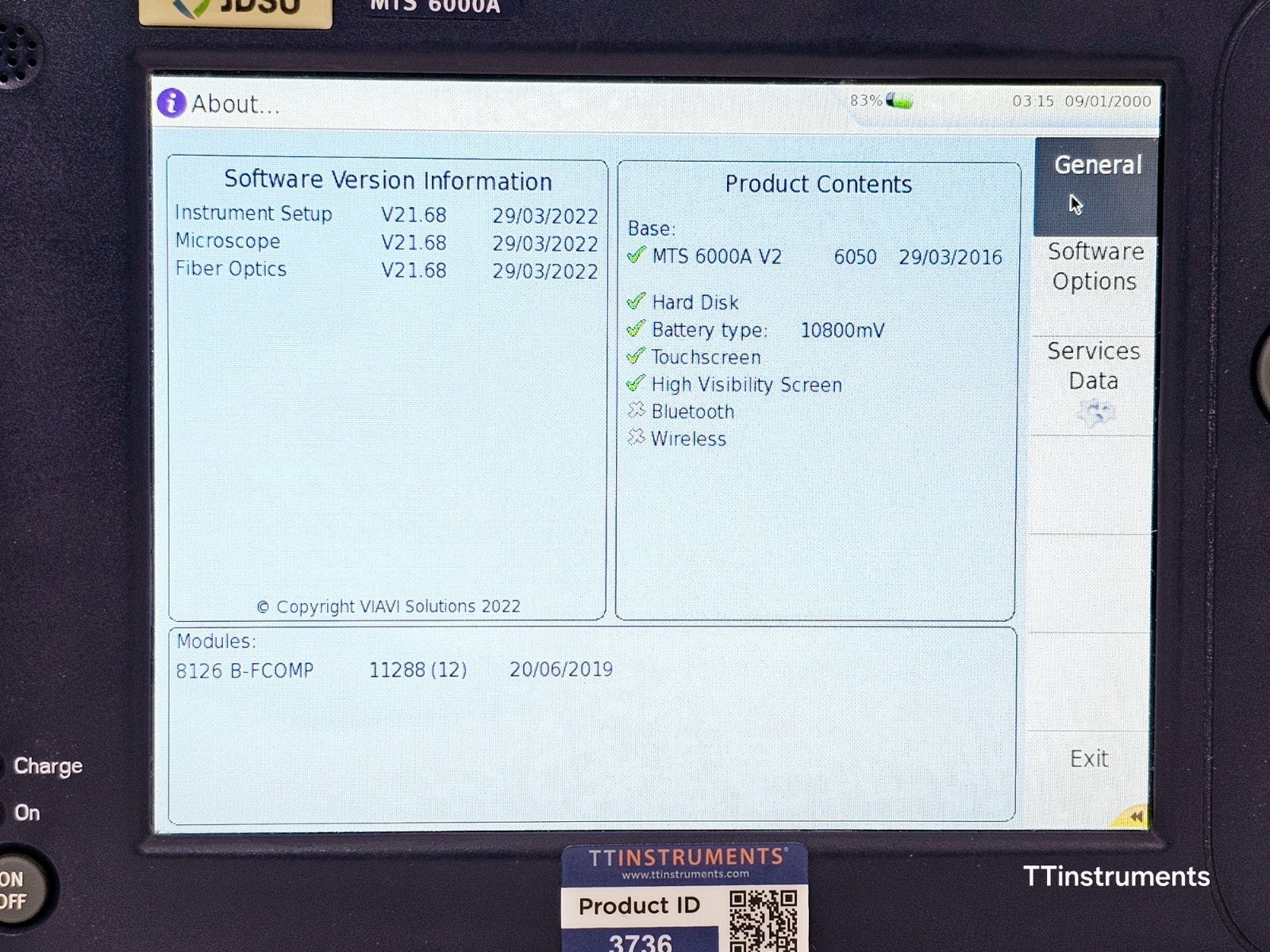 Viavi JDSU MTS 6000A V2 + 8126 B-FCOMP SM OTDR 1310/1550nm 40dB IL ORL Bi-Direct