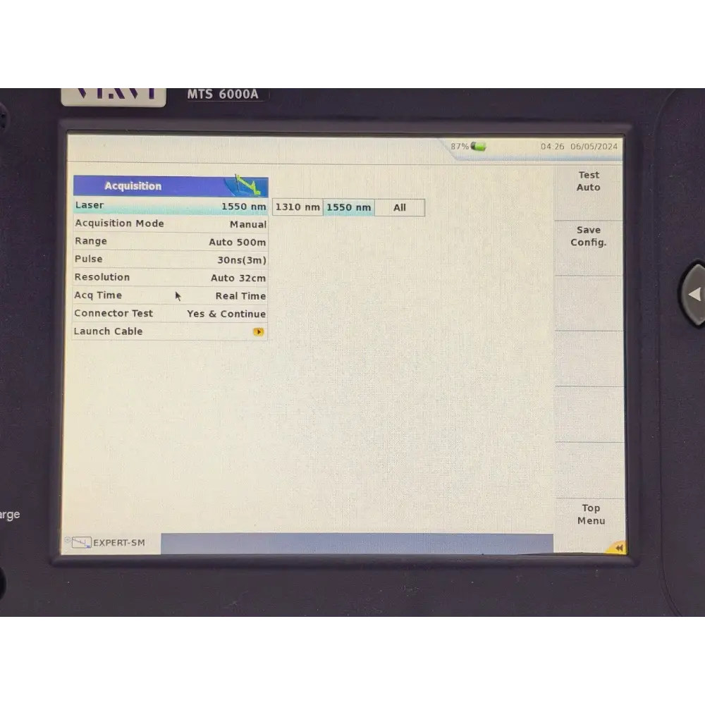 Expert OTDR software option screen on Viavi MTS 6000A V2 display