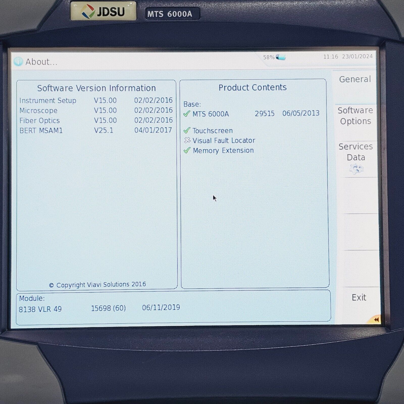 Viavi JDSU MTS 6000A w/ 8138 VLR49 1310/1490/1550 nm SM OTDR VLR 45/42/43 dB APC